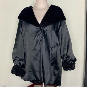 XOE New York Black Satin Feel Jacket with Faux Persian Lamb Fur
